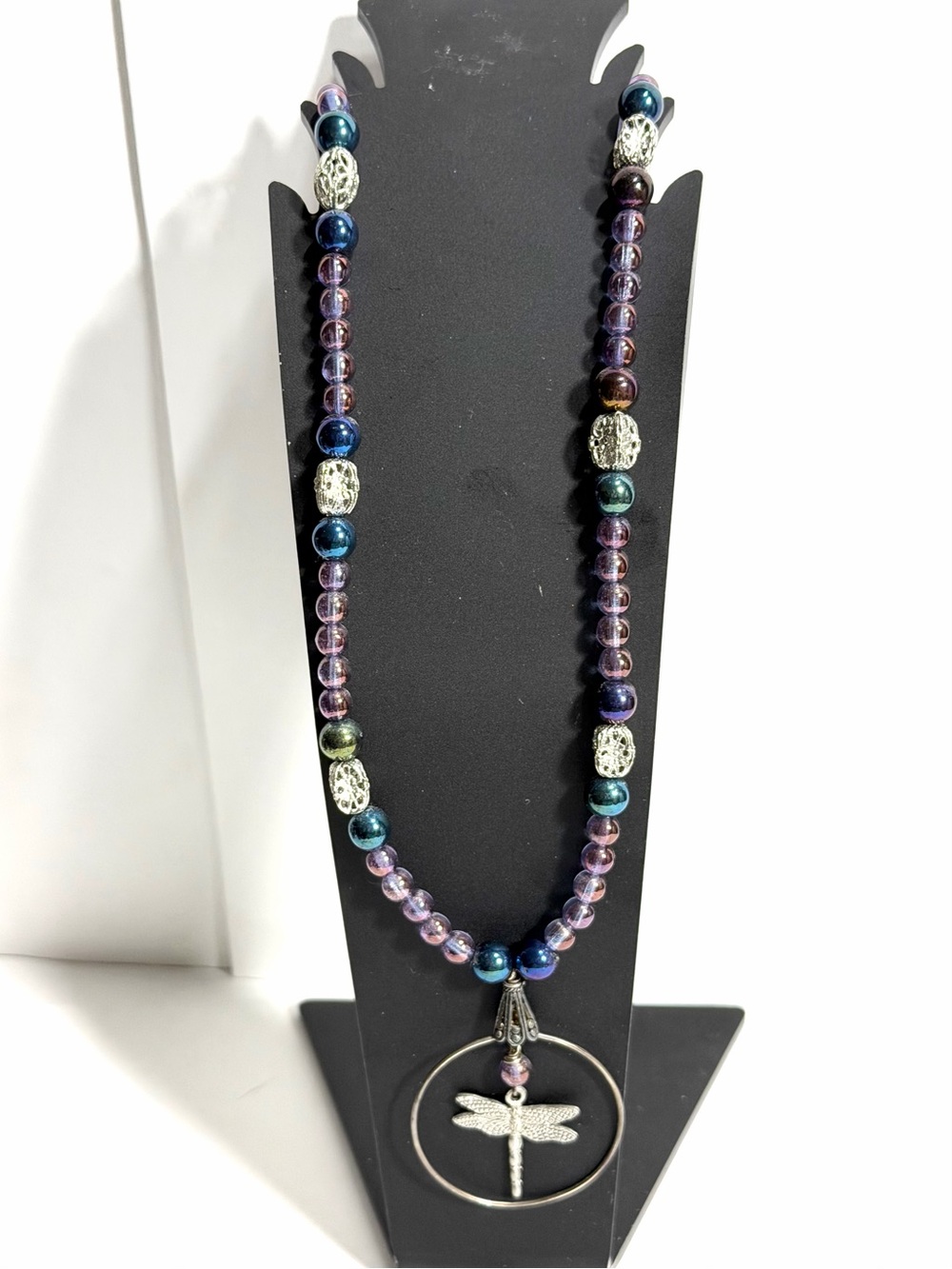 Dragonfly Pendant Necklace Whimsigoth Art Nouveau Purple Peacock & Silver Tone